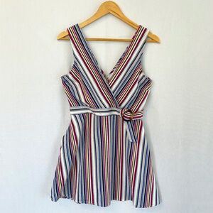 SPEECHLESS Women's Size Large Linen Blend Striped Belted Faux Sun Dress Pockets